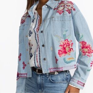 Johnny Was XL Embroidered Denim Jacket with Red Floral Accents
